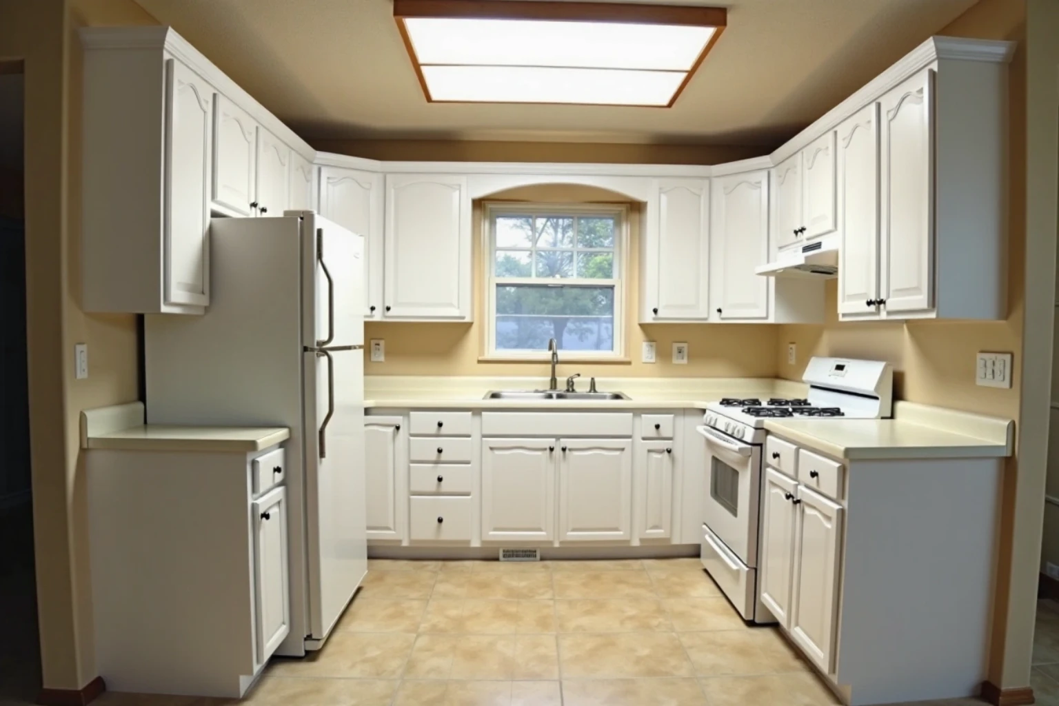 Same U-shaped kitchen with the doors and drawer fronts now painted white, counters, appliances and layout unchanged.