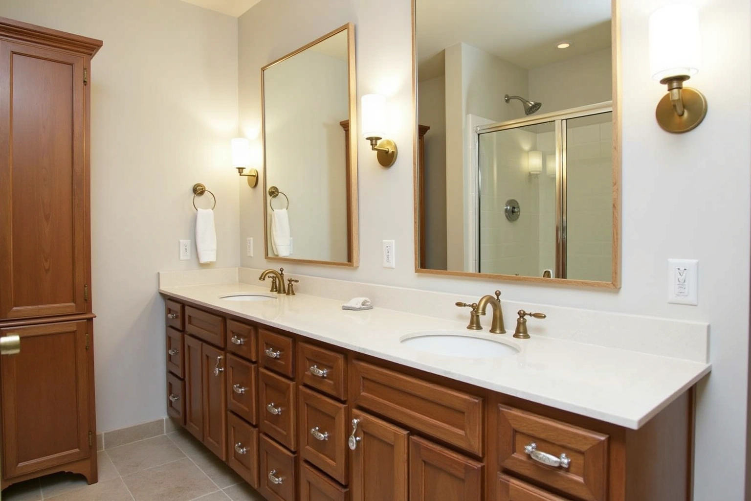 Warm wood double vanity with a cream quartz top, two sinks, brass faucets, framed mirrors and a tall linen cabinet.