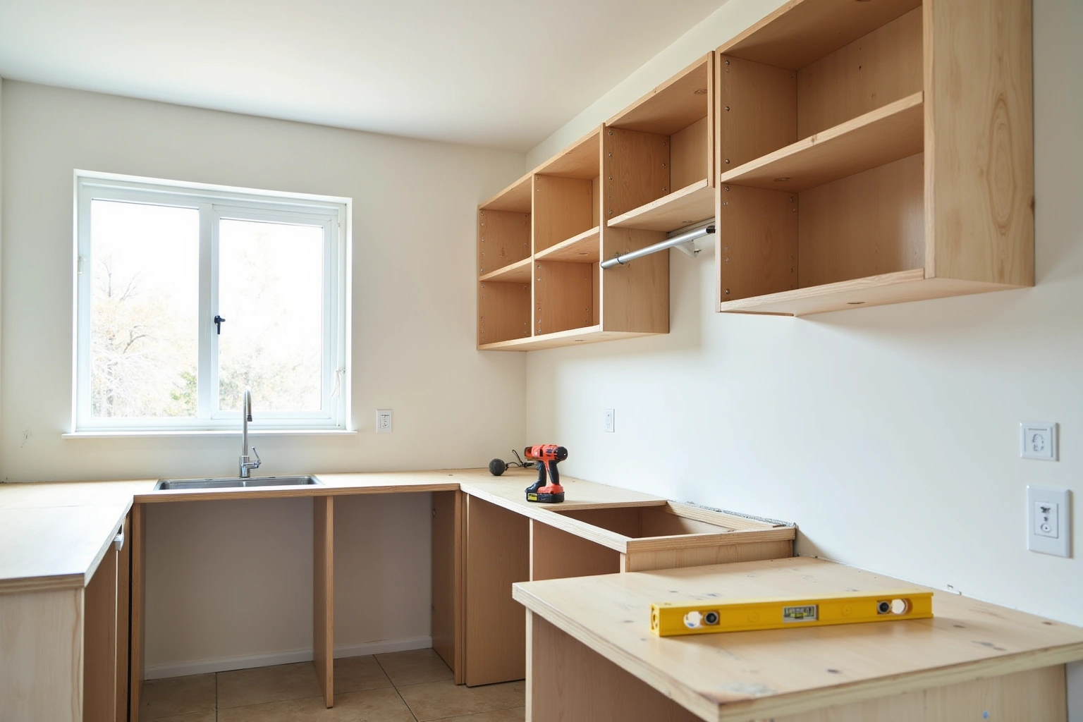 Kitchen at install stage with raw plywood cabinet boxes hung, no counters, a level and drill on the subtop.
