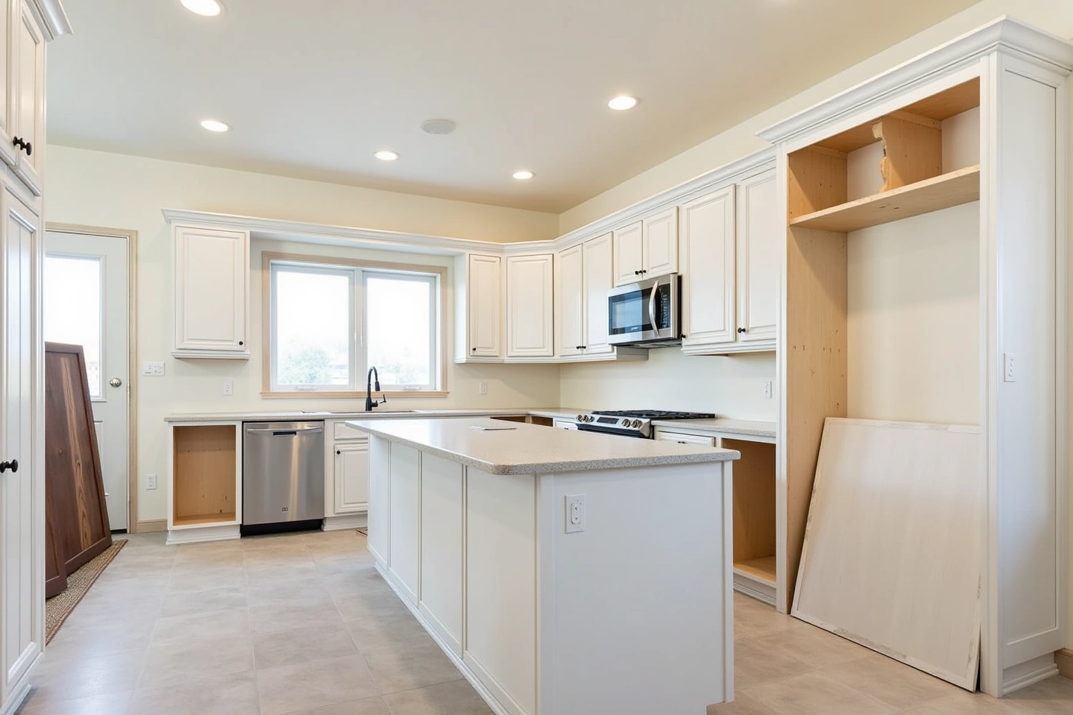 Kitchen mid-refacing with new white raised-panel doors hung above, bare lower boxes with doors off and new fronts leaning nearby.