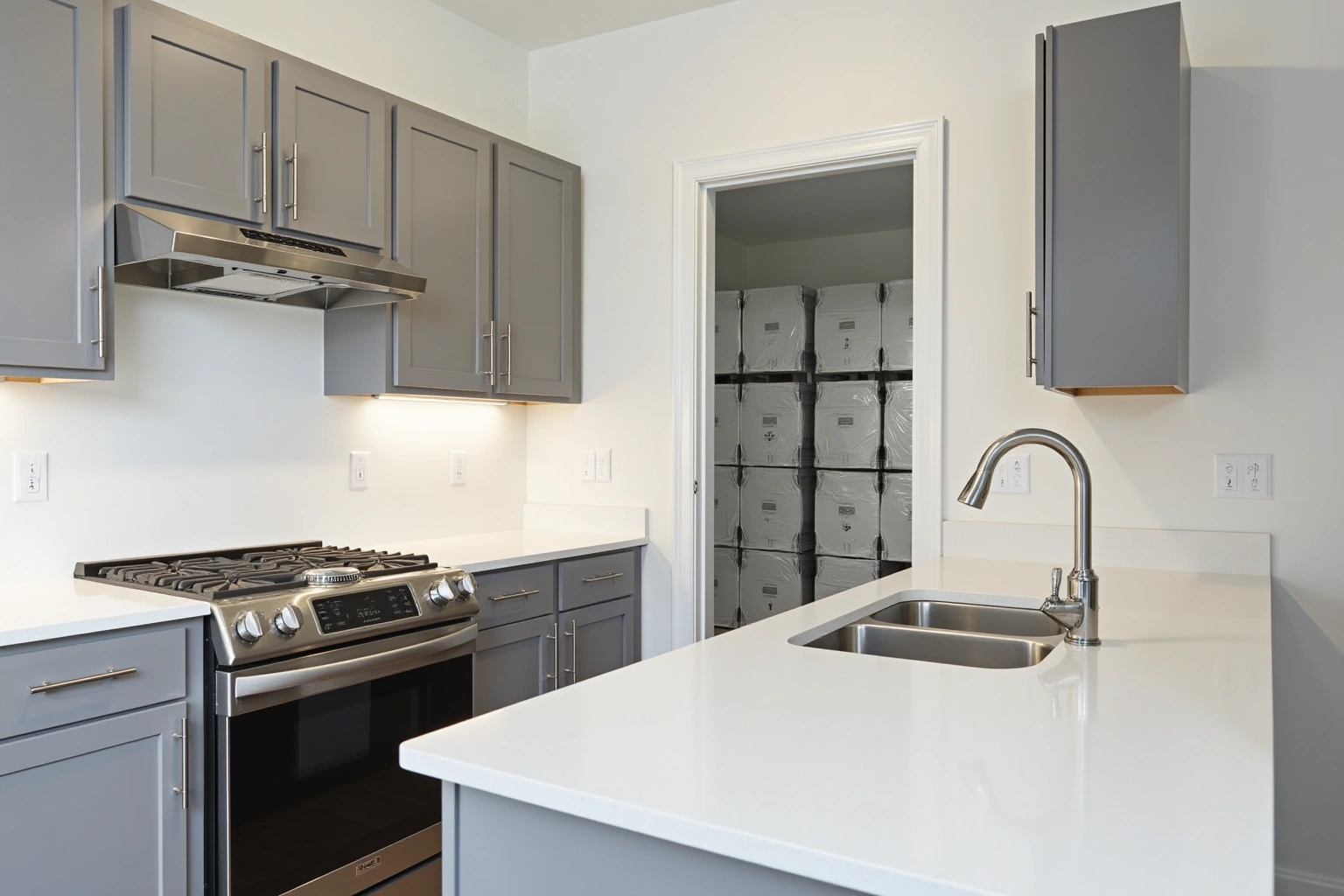 Grey shaker kitchen with white quartz and a stainless range, wrapped cabinet boxes stacked in the next room.