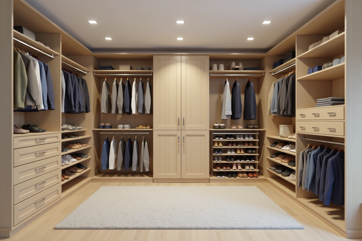 Light oak walk-in closet with double-hang and long-hang rods, drawer banks, shoe shelves and a tall central cabinet.