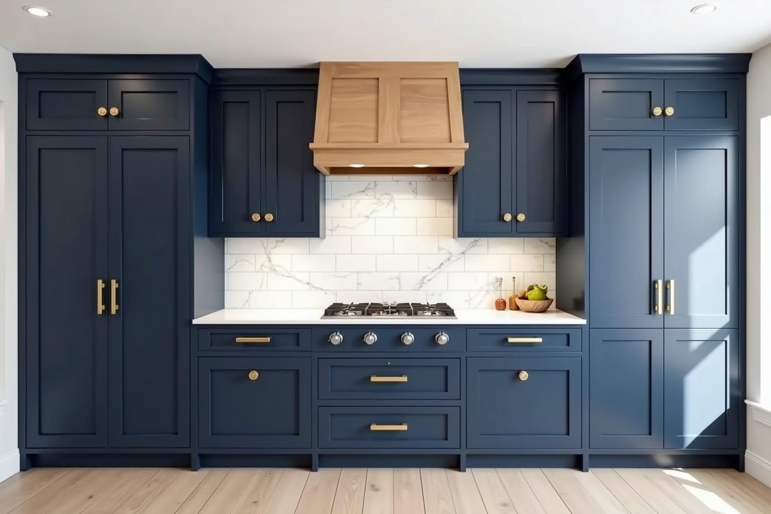 Floor-to-ceiling navy shaker cabinets with brass hardware, a white oak hood cabinet, marble subway backsplash and a pale oak floor.