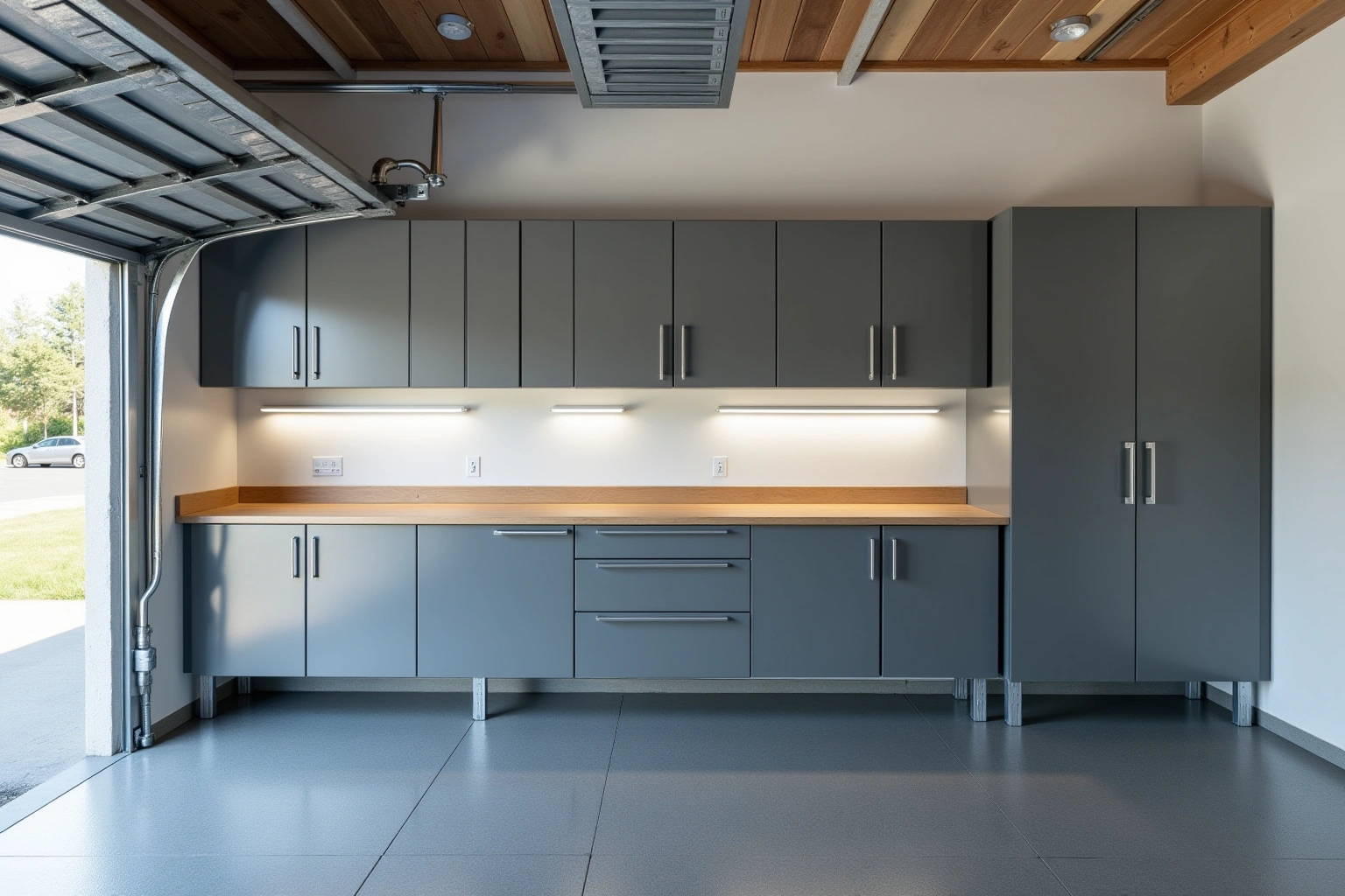 Grey steel garage cabinets on legs with a wood workbench top, under-cabinet lights, epoxy floor and an open door.