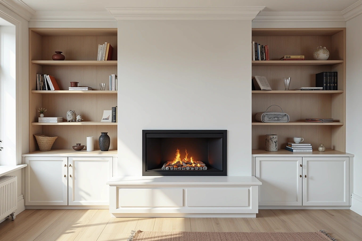 Warm white built-in bookcases with light oak shelf backs flanking a linear fireplace on a painted cabinet base.