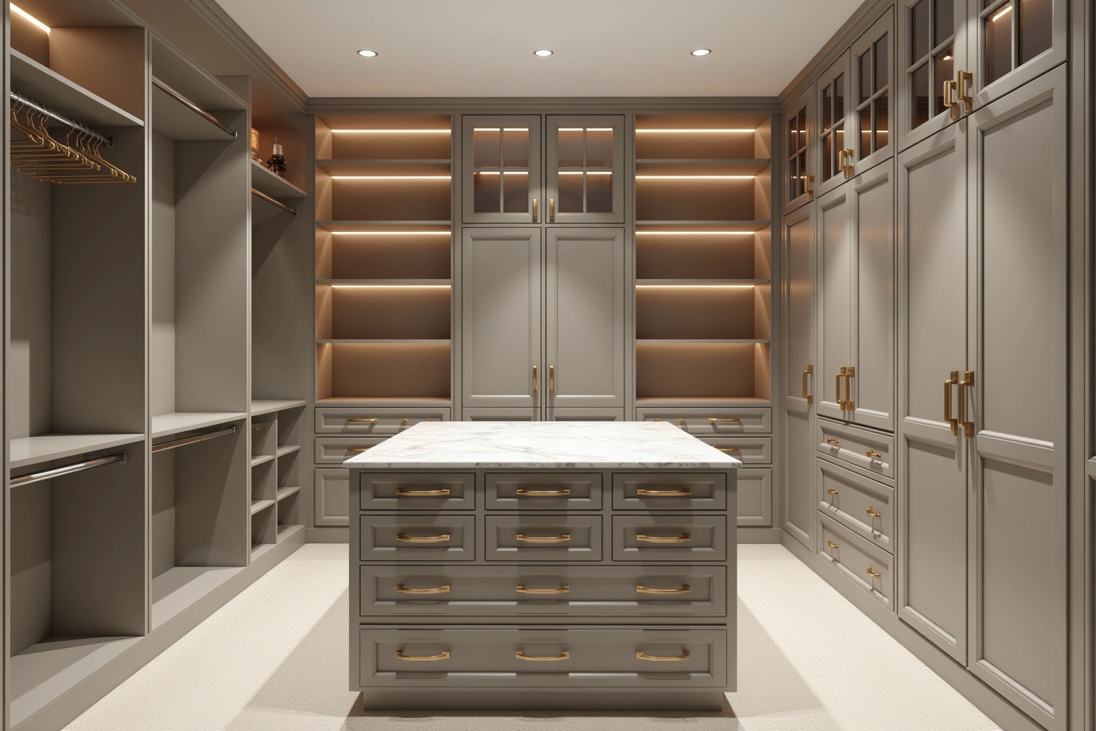 Taupe walk-in closet with lit open shelving, glass-front uppers, brass pulls and a marble-topped island of drawers.
