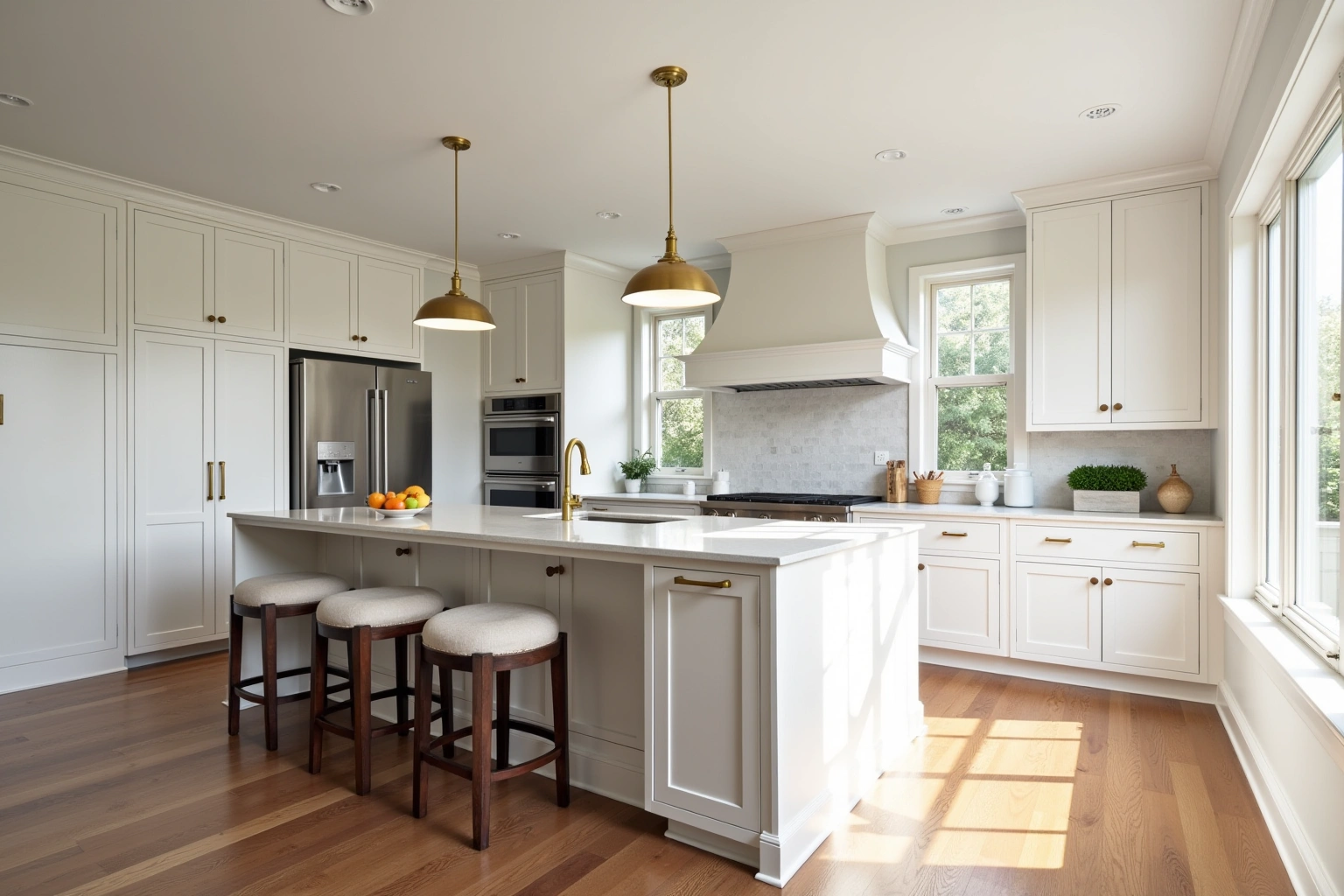 White shaker kitchen with brass pulls and pendants over a white island with three cushioned stools.