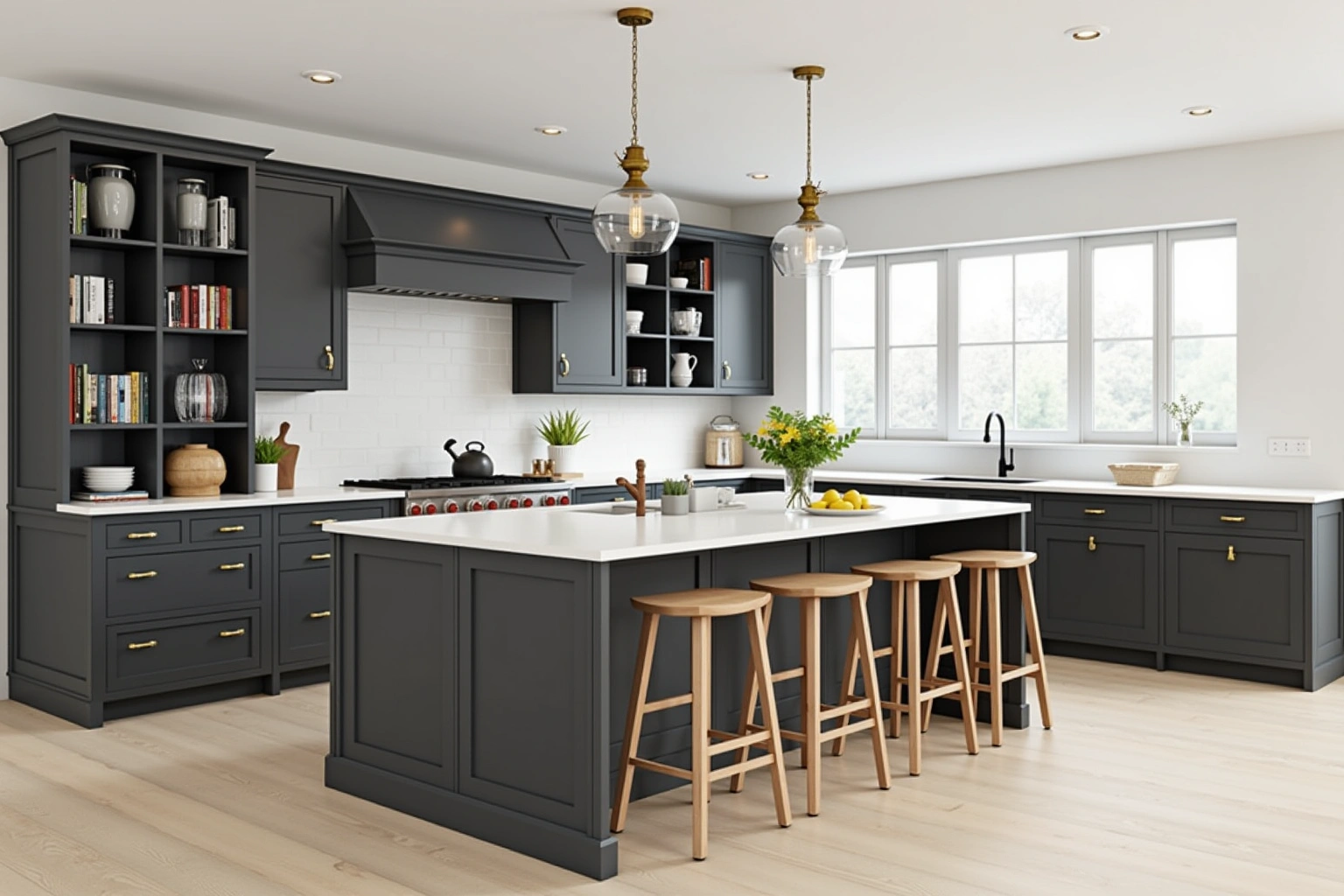 Charcoal shaker island with a white quartz top and four wooden stools under two glass pendants, matching perimeter cabinets behind.