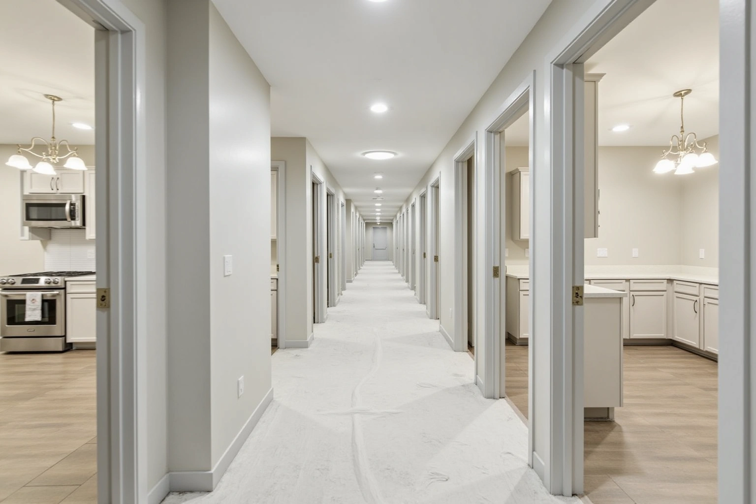 Corridor of a new apartment building with open doors showing identical white shaker kitchens and paper-protected floors.