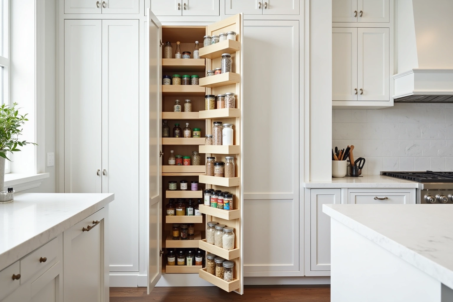 Tall white pantry cabinet open to show roll-out trays of jars and a door-mounted spice rack in a white kitchen.