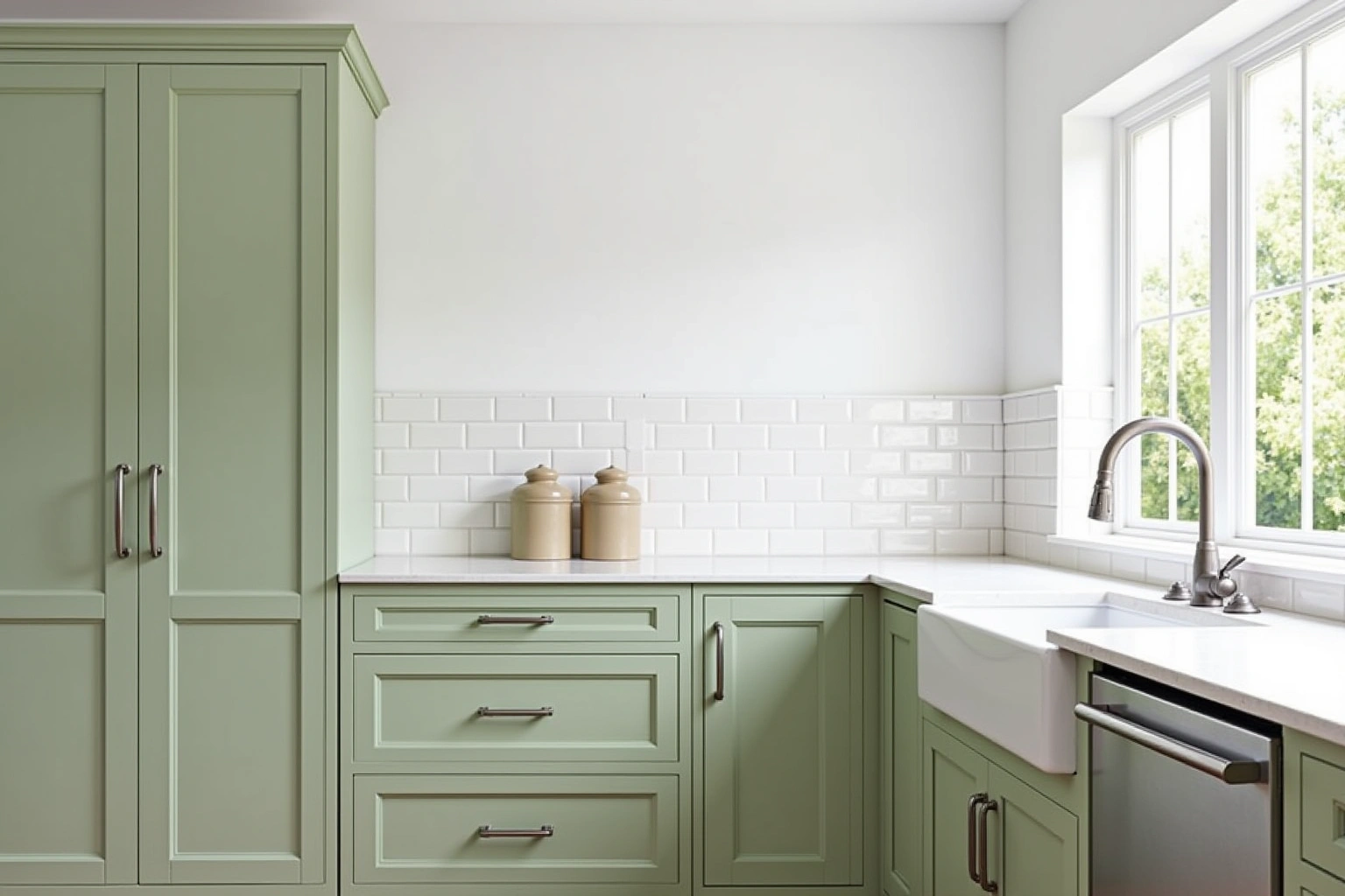 Sage green shaker cabinets with a tall pantry, nickel bar pulls, subway tile and a farmhouse sink under a window.