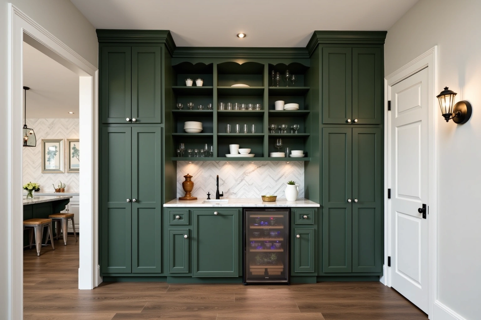 Dark green butler's pantry with open shelves of glassware, a small sink, marble backsplash and an undercounter beverage fridge.