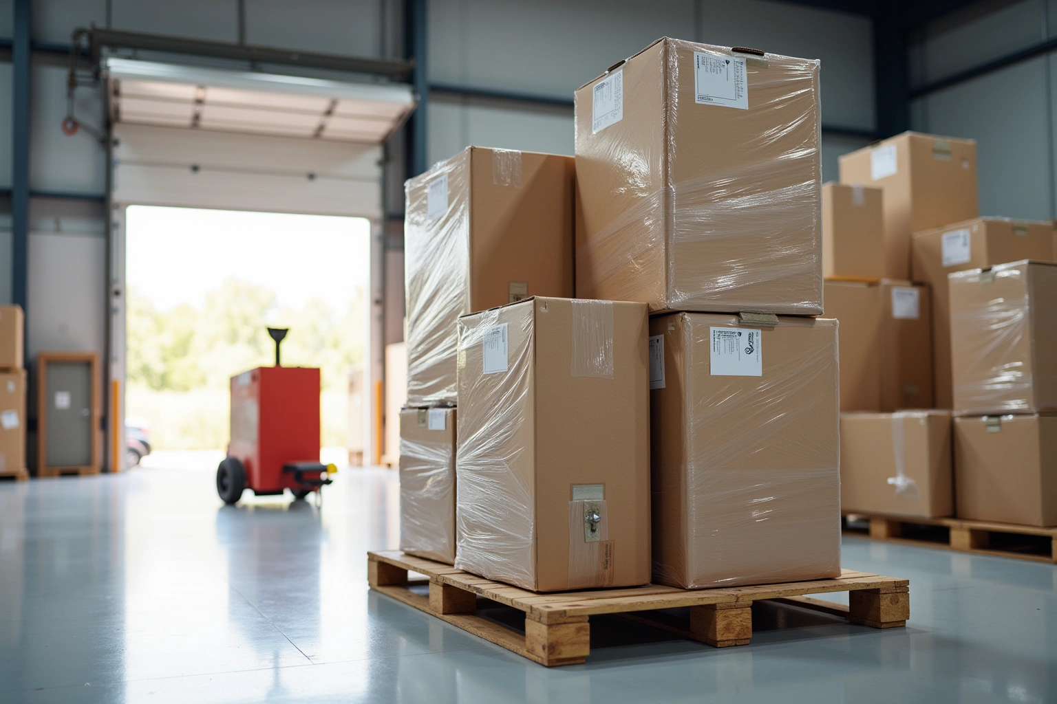 Shrink-wrapped cartons stacked on a wooden pallet on a warehouse floor near a red pallet jack and loading door.